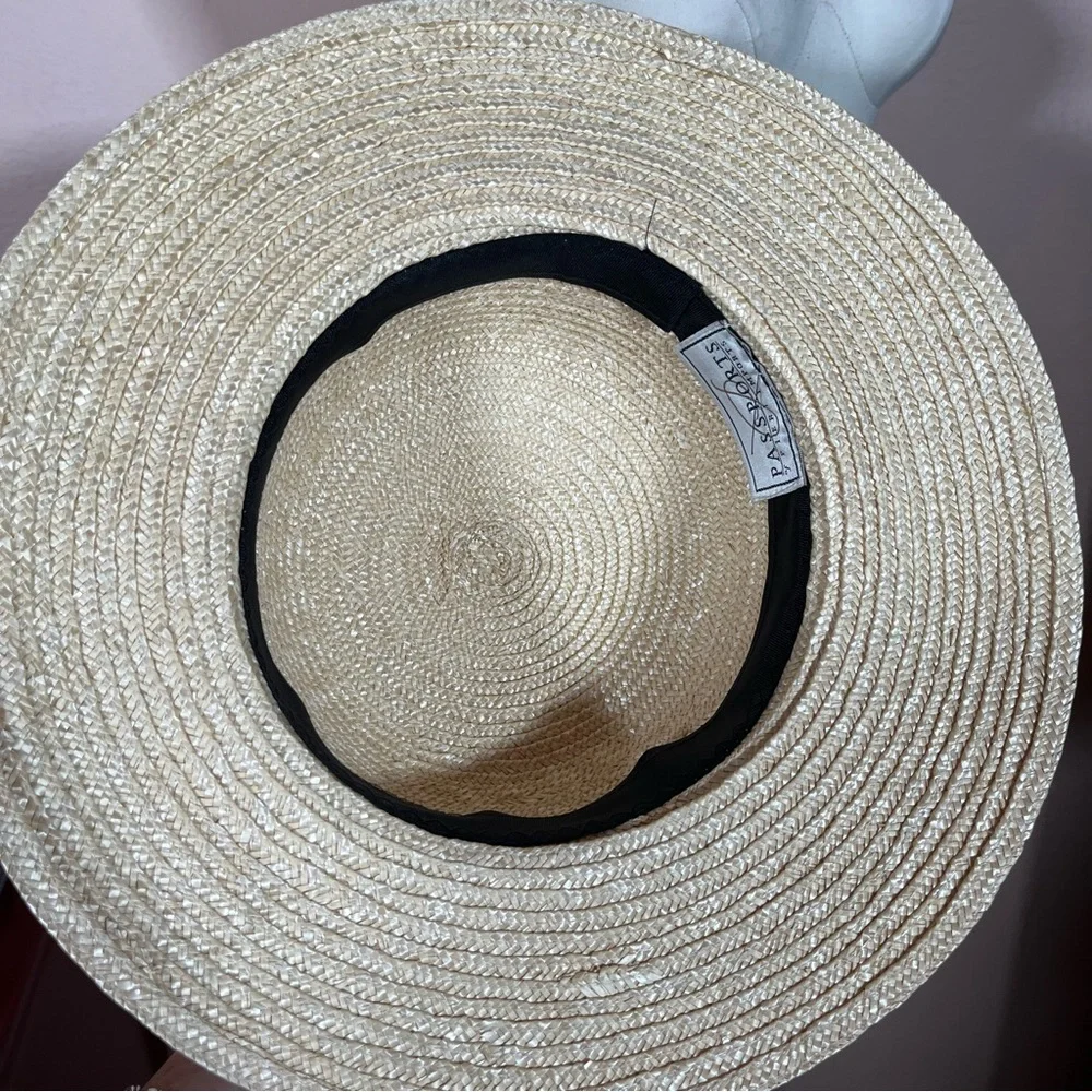 Vintage 90 Y2K Natural Straw Flat Wide brim Sunhat Coastal Grandma - Picture 4 of 14